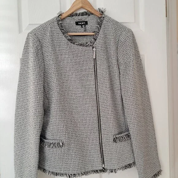 DKNY Women's Business Plus size Fringe Trim Tweed style zipper blazer size 16 - Picture 5 of 9